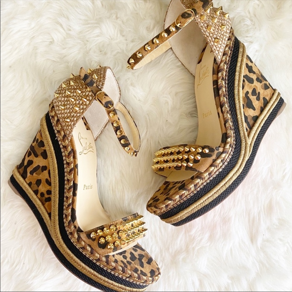 Christian Louboutin Leopard Print Studded Wedge Sandals in Tan and Gold